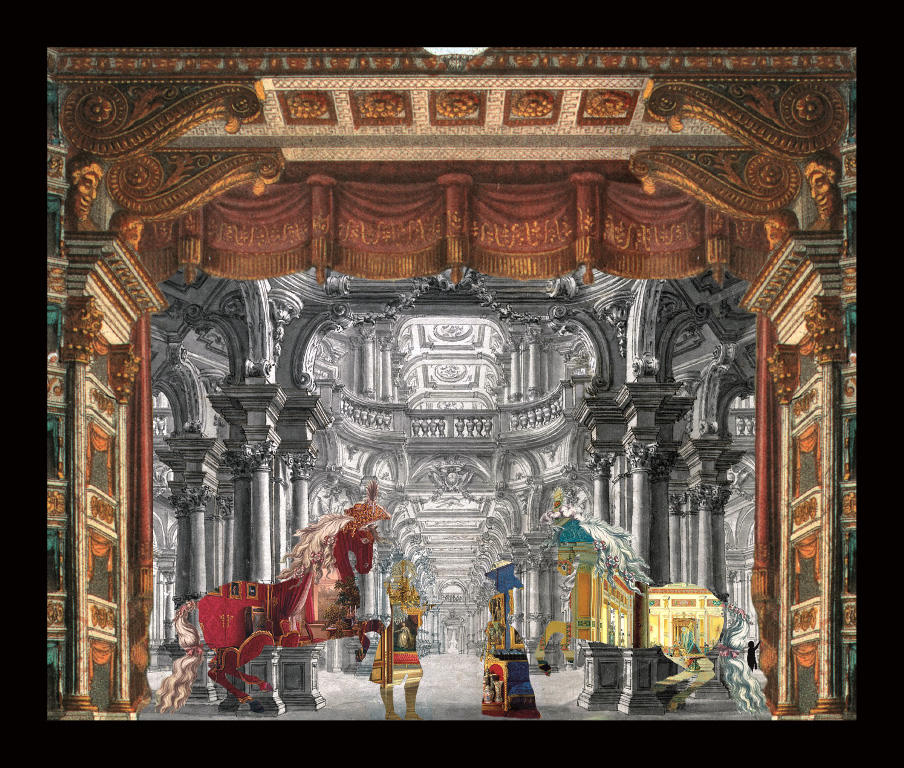Il teatro dei cavallini - Teatrino 3D Collage in scatola di ayous tecnica mista, 37 x 35 x 8