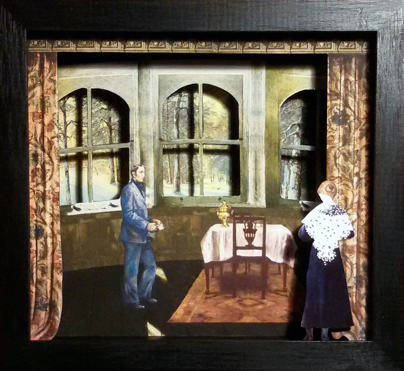 Non ci sarà nessuno a casa. PasternakTeatrino 3D collage in scatola di ayous, tecnica mista,33 x 30 x 8